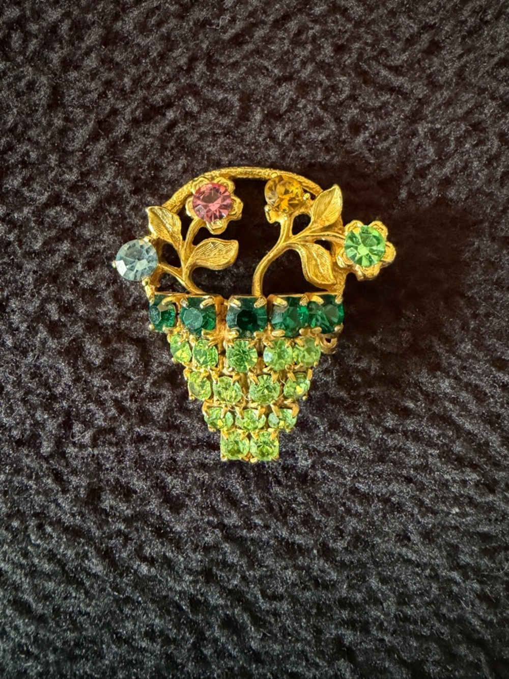 Vintage Gold Tone and Rhinestone Flower Basket Brooch